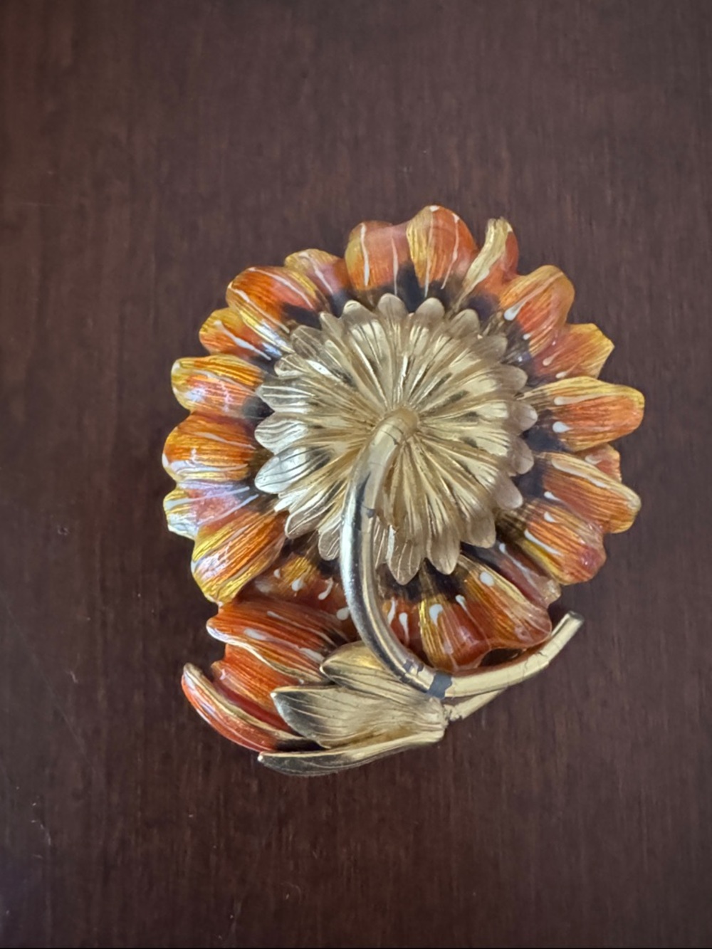 Joan Rivers Vintage Floral Enamel Brooch in Orange and Gold